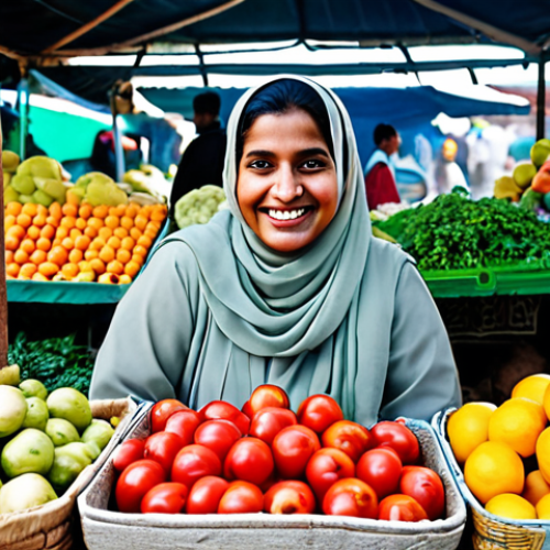 Home 11 **
"A woman, fully clothed in a modest shalwar kameez, smiles as she selects fresh fruits and vegetables at a bustling local market. Stalls overflowing with colorful produce create a vibrant background. Safe for work, appropriate content, family-friendly, perfect anatomy, correct proportions, natural pose, professional photography, high quality."
**