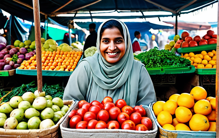 **

"A woman, fully clothed in a modest shalwar kameez, smiles as she selects fresh fruits and vegetables at a bustling local market. Stalls overflowing with colorful produce create a vibrant background. Safe for work, appropriate content, family-friendly, perfect anatomy, correct proportions, natural pose, professional photography, high quality."

**
