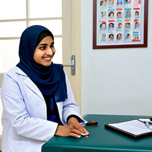 Home 6 Health Check-up at a Clinic**
"A friendly female doctor, wearing a hijab and a white coat, smiling reassuringly at a young Pakistani woman in her early 20s. The woman is fully clothed in modest salwar kameez, sitting on an examination table in a clean, well-lit clinic. The doctor is holding a stethoscope. Background includes medical posters in Urdu about women's health. Safe for work, appropriate content, professional setting, fully clothed, family-friendly, natural proportions, well-formed hands, realistic."
**
