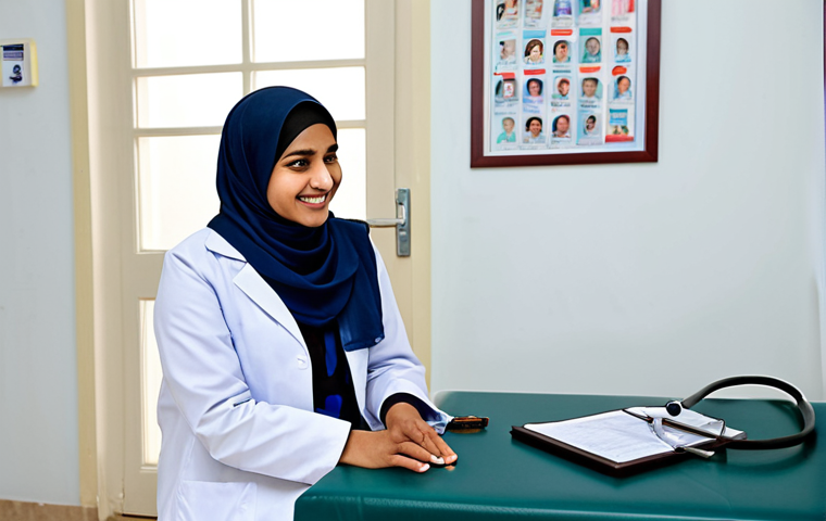 Health Check-up at a Clinic**

"A friendly female doctor, wearing a hijab and a white coat, smiling reassuringly at a young Pakistani woman in her early 20s. The woman is fully clothed in modest salwar kameez, sitting on an examination table in a clean, well-lit clinic. The doctor is holding a stethoscope. Background includes medical posters in Urdu about women's health. Safe for work, appropriate content, professional setting, fully clothed, family-friendly, natural proportions, well-formed hands, realistic."

**